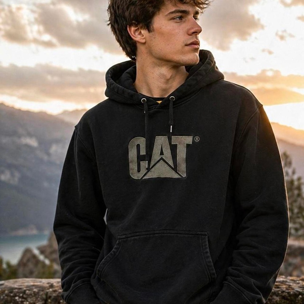 CAT Caterpillar Black Hoodie Men's Size M Heavyweight Workwear Pullover